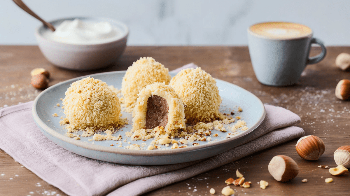 Ein Teller mit Nougatknödel steht auf einer Stoffserviette. Im Hintergrund ist ein Kaffee und eine Schale mit Sahne zu sehen. Haselnüsse liegen um den Teller herum.