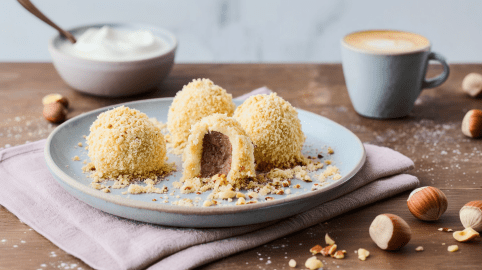 Ein Teller mit Nougatknödel steht auf einer Stoffserviette. Im Hintergrund ist ein Kaffee und eine Schale mit Sahne zu sehen. Haselnüsse liegen um den Teller herum.