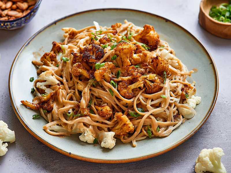 Ein Teller Nudeln mit Blumenkohl und Erdnussbutter.