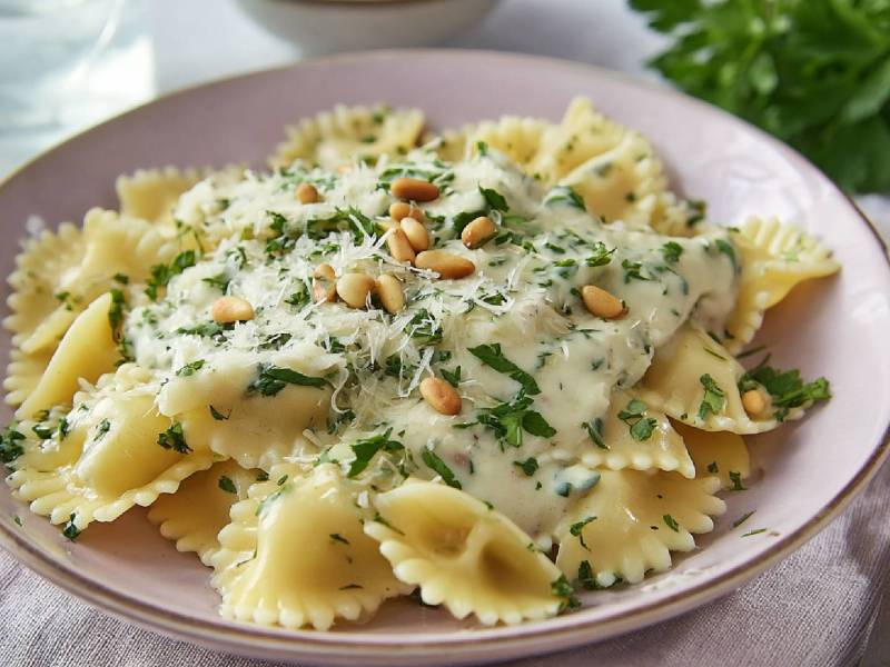 Teller mit Nudeln in Käse-Kräutersoße: