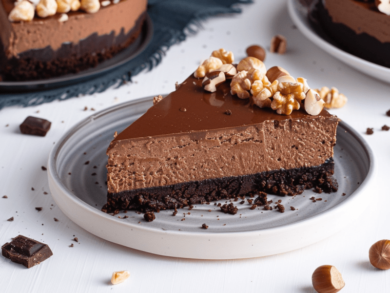 Ein Stück Nutellakuchen ohne Backen auf einem weißen Teller.