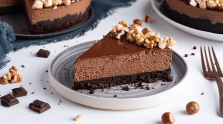 Ein Stück Nutellakuchen ohne Backen auf einem weißen Teller.