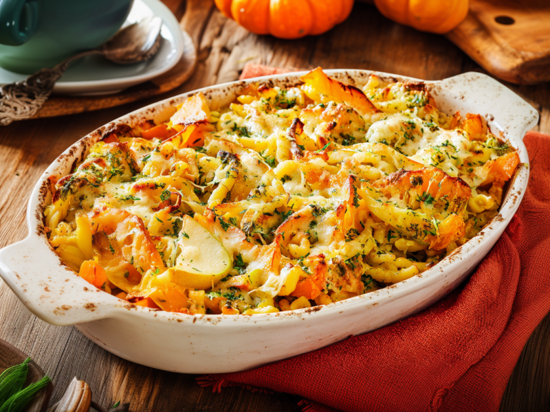 Eine Auflaufform mit Ofen-Spätzle mit Birne, Kürbis und Fenchel.