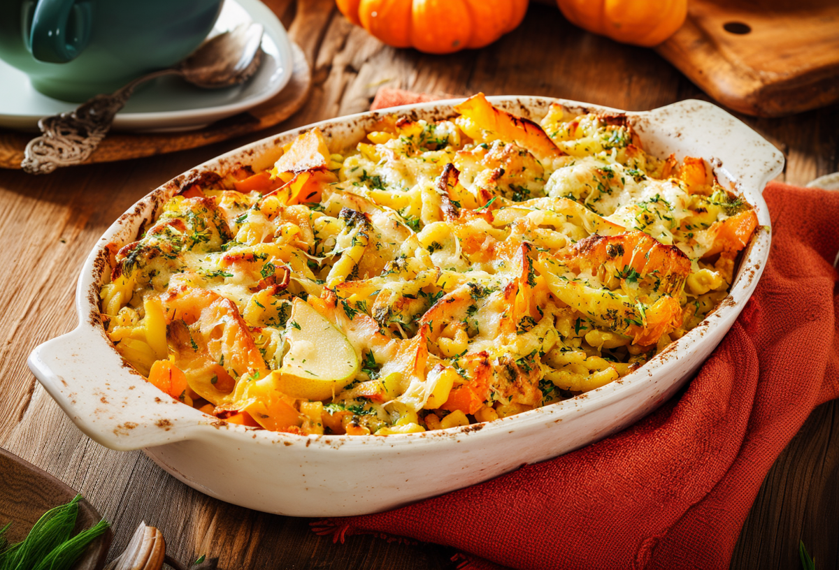 Eine Auflaufform mit Ofen-Spätzle mit Birne, Kürbis und Fenchel.