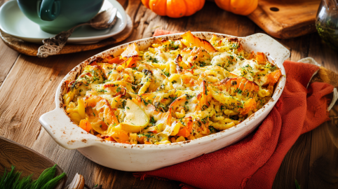 Eine Auflaufform mit Ofen-Spätzle mit Birne, Kürbis und Fenchel.
