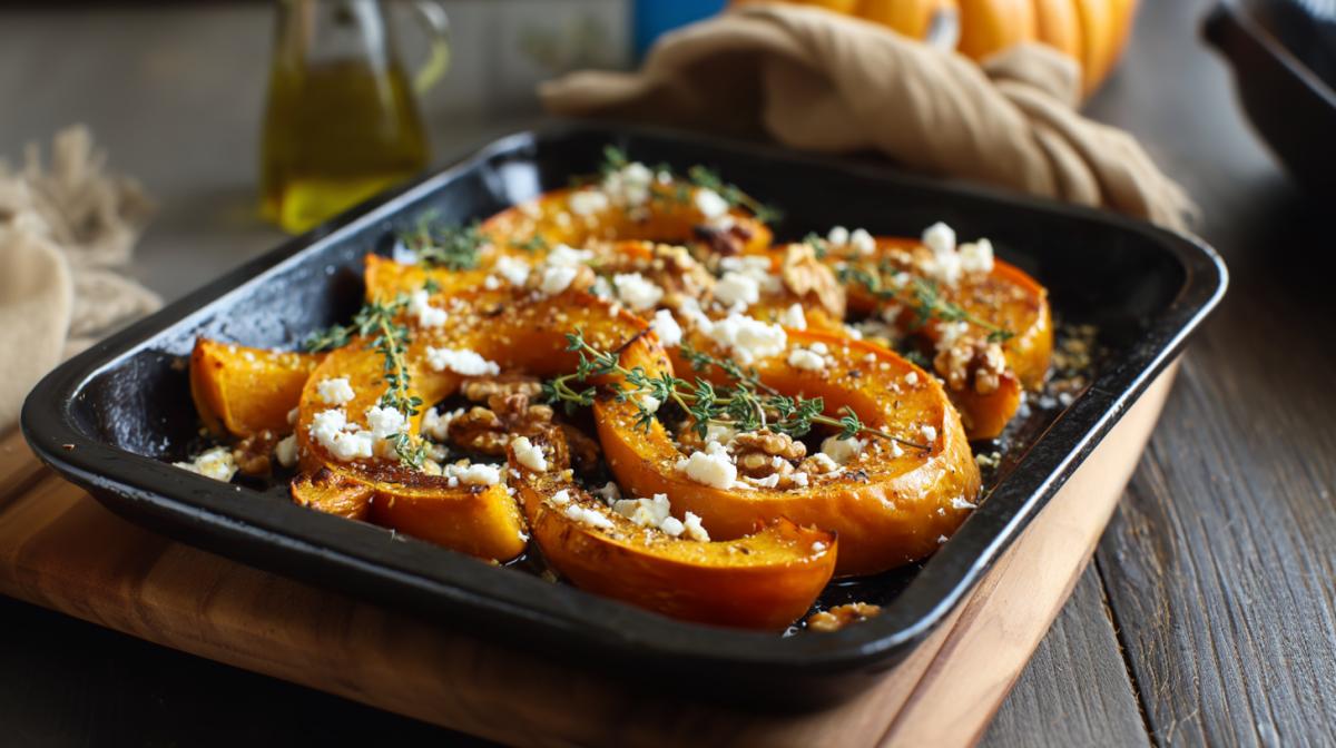 Ofenkürbis mit Feta in einem schwarzen Backblech auf einem Holzuntersetzer. Im Hintergrund sieht man eine Flasche Öl, ein Küchentuch sowie einen Kürbis.