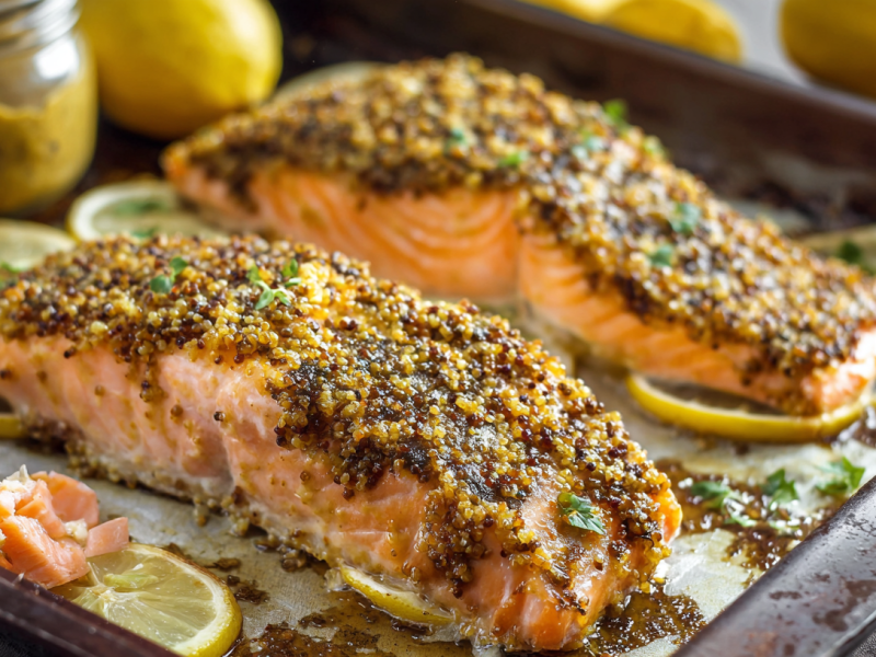 Ofenlachs mit Senfkruste auf einem Backblech, serviert mit ZItrine.