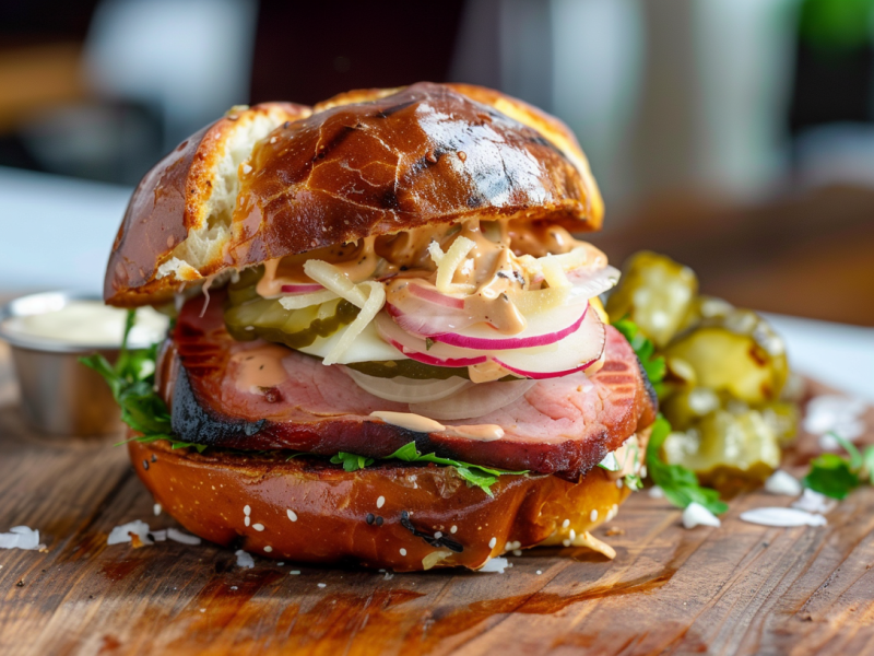 Ein Oktoberfest-Burger auf einem Holzbrett. Im Hintergrund sind noch Gewürzgurken, Kräuter und Mayonnaise zu sehen.