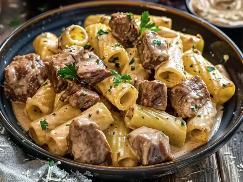 Pasta mit Parmesan-Rindfleisch-Soße auf einem dunklen Teller. Drumherum stehen frische Zutaten.