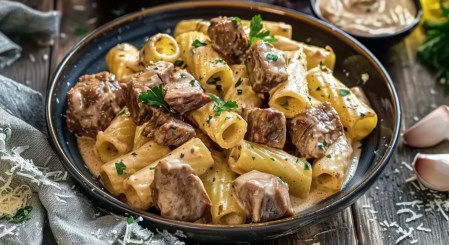 Pasta mit Parmesan-Rindfleisch-Soße auf einem dunklen Teller. Drumherum stehen frische Zutaten.