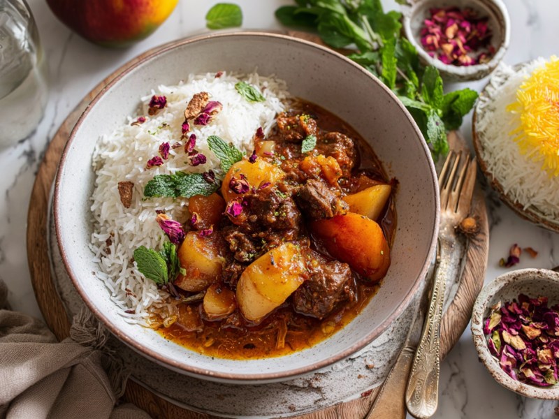 Ein Teller mit persischem Apfeleintopf. Ringsum ist persischer Reis, eine Schale mit getrockneten Rosenblättern sowie Gewürze zu sehen.