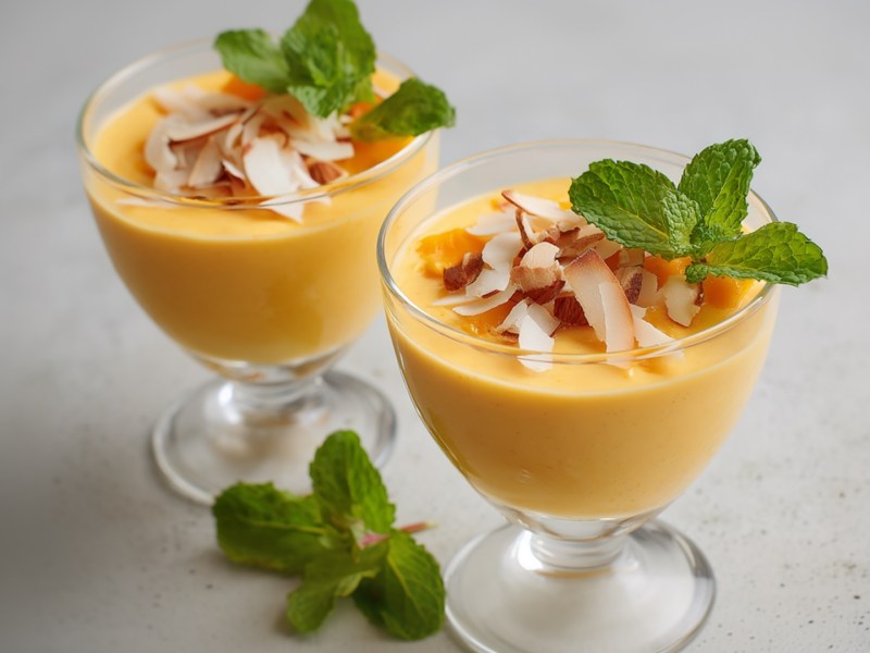 Zwei Dessertgläser mit Pfirsich-Mango-Mousse. Beide Portionen sind mit gerösteten Kokoschips und gerösteten Mandeln sowie frischer Minze garniert.