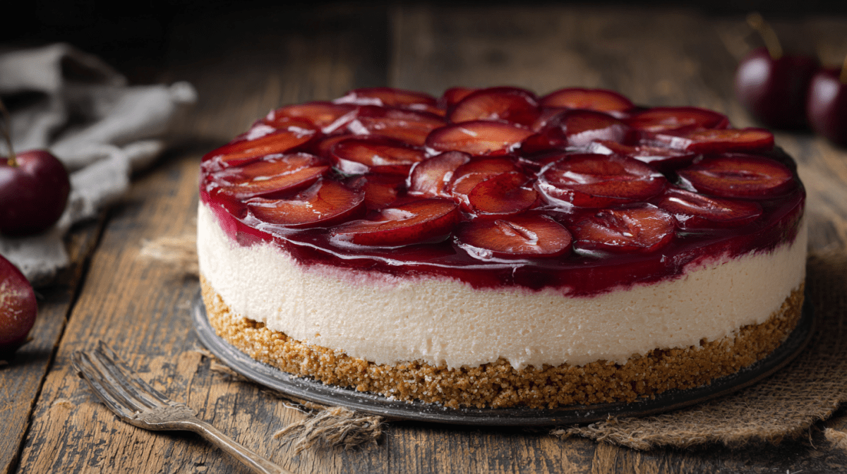 Ein Pflaumen-Cheesecake mit Frischkäse-Schicht.