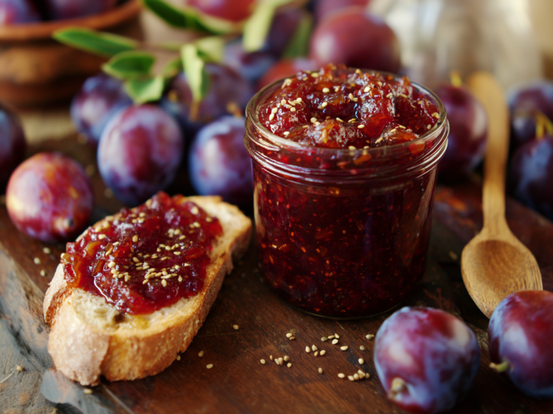 Ein Glas Pflaumen-Zwiebel-Chutney auf einem Holzbrett. Darum verteilt sind viele Pflaumen. Neben dem Glas liegt ein Stück Brot mit dem Chutney.