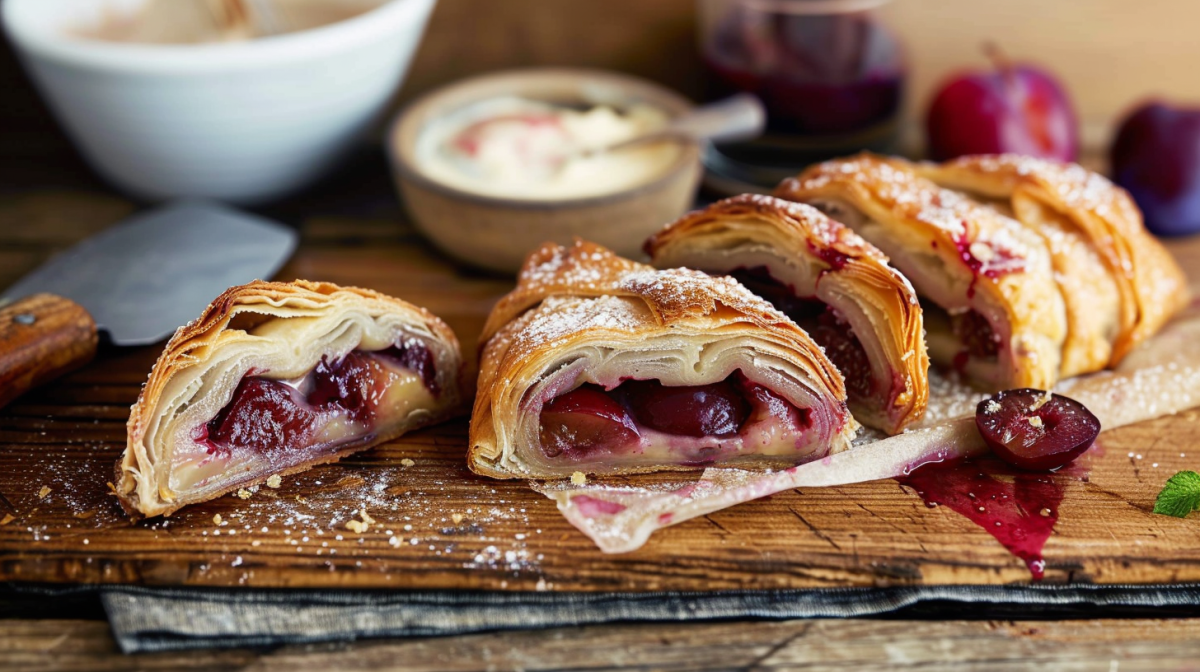 Ein Pflaumenstrudel mit fruchtiger Füllung auf einem Holzbrett.