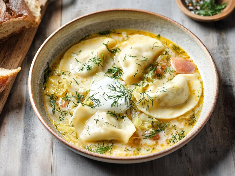 Ein Teller Pierogi-Suppe, die mit Schmand und Dill garniert ist. Daneben steht ein Holzbrett mit aufgeschnittenem knusprigem Baguette. Außerdem kann man einen Holzkochlöffeln mit bunten Pfefferkörnern und eine Schale mit geschnittenem Dill erkennen.