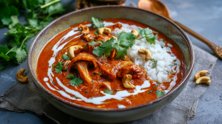 Pilz-Masala, angerichtet in einer dezenten Keramikschüssel. Es ist mit Reis serviert und mit Cashewkernen sowie Korianderblättern angerichtet. Im Hintergrund liegen weitere Korianderblätter und ein Löffel. Links und rechts liegen Cashews. Die Schale steht auf einem grauen Tuch.