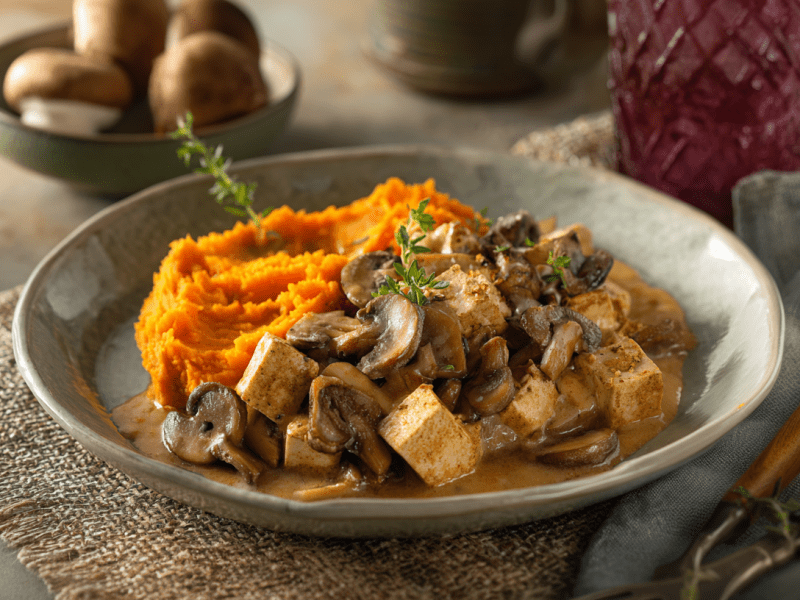 Pilz-Tofu-Geschnetzeltes mit Süßkartoffelpüree, angerichtet auf einem Teller. Der Teller steht auf einem Platzdeckchen. Im Hintergrund steht ein Wasserglas und eine Schale mit Pilzen.