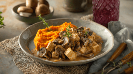Pilz-Tofu-Geschnetzeltes mit Süßkartoffelpüree, angerichtet auf einem Teller. Der Teller steht auf einem Platzdeckchen. Im Hintergrund steht ein Wasserglas und eine Schale mit Pilzen.