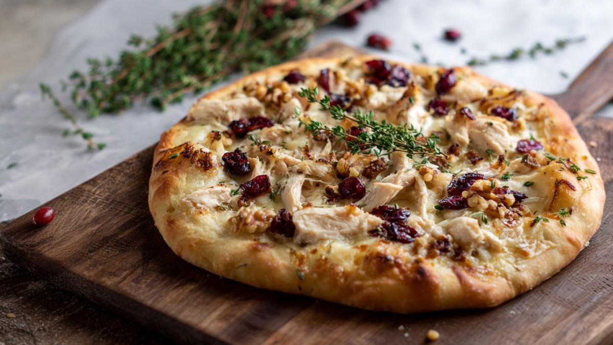 Ein Pizza mit Hähnchen, Brie und Cranberrys, die mit ein bisschen frischem Thymian garniert ist. Die Pizza lieg auf einem großen dunklen Holzbrett. Im Hintergrund liegen weitere Zweige Thymian und ein paar frische Cranberrys.