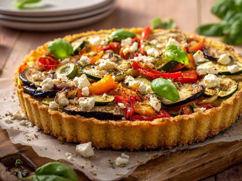 Eine Polenta-Tarte mit Gemüse auf einem Holzbrett mit Backpapier. Im Hintergrund kann man einen Stapel mit Tellern. Außerdem liegen einige frische Zutaten herum.