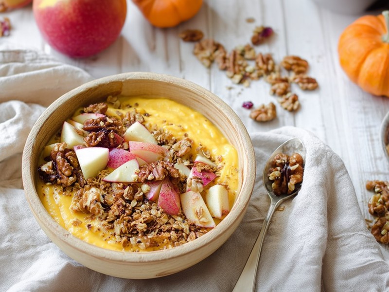 Eine Pumpkin-Pie-Joghurt-Bowl, die mit Apfelstücken, Granola und Walnüssen getoppt ist. Drum herum liegen ein Kürbis, ein Apfel, Nüsse und Granola verstreut.
