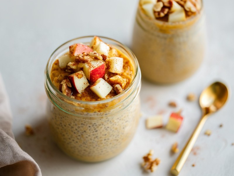 Ein kleines Glas mit Pumpkin Spice Chiapudding, der mit Apfelstückchen und Walnüssen getoppt ist. Nebenbei liegt ein Löffel. Im Hintergrund kann man ein weiters Glas mit Pumkin Spice Chiapudding sehen.