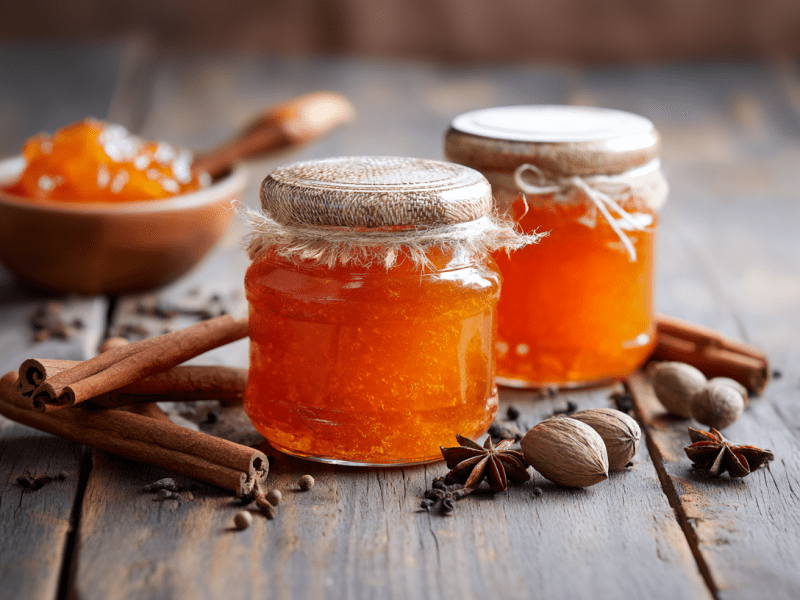 Zwei Gläser mit Pumpkin Spice Marmelade auf einem Holztisch. Um sie verteilt liegen Zimtstangen, Sternanis und Pimentkörner. Im Hintergrund ist ein Holzschälchen mit der Marmelade.