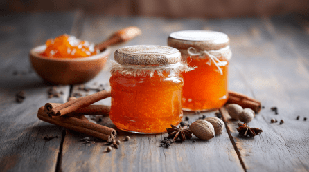 Zwei Gläser mit Pumpkin Spice Marmelade auf einem Holztisch. Um sie verteilt liegen Zimtstangen, Sternanis und Pimentkörner. Im Hintergrund ist ein Holzschälchen mit der Marmelade.
