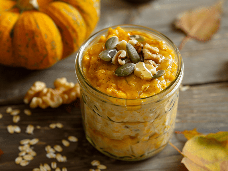 Ein Glas Pumpkin Spice Overnight Oats steht auf einem Holztisch. Die Haferflocken sind mit Walnüssen und Kürbiskernen angerichtet. Im Hintergrund ist ein Kürbis. Um Das Glas verteilt liegen Walnüsse und Herbstblätter.