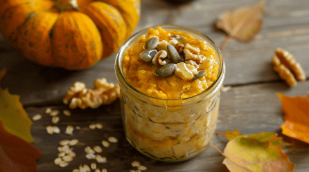 Ein Glas Pumpkin Spice Overnight Oats steht auf einem Holztisch. Die Haferflocken sind mit Walnüssen und Kürbiskernen angerichtet. Im Hintergrund ist ein Kürbis. Um Das Glas verteilt liegen Walnüsse und Herbstblätter.