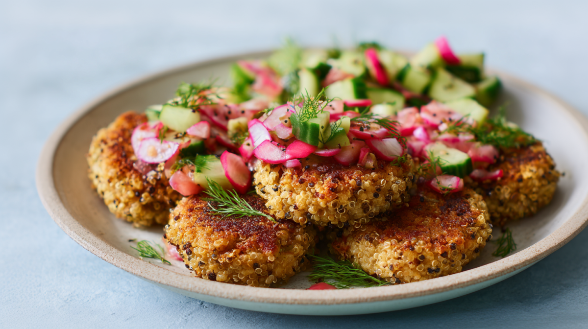 Ein Teller mit Quinoa-Forellenpasteten mit Salsa.