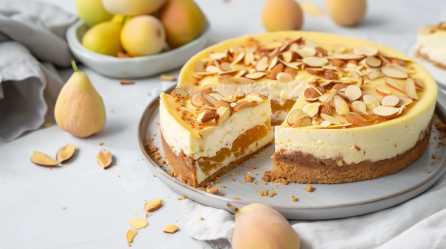 Ein angeschnittener Quitten-Käsekuchen auf einem grauen Teller. Er ist mit Mandelblättchen bestreut. Um ihn herum verteilt liegen einige Quitten sowie Mandelscheiben.