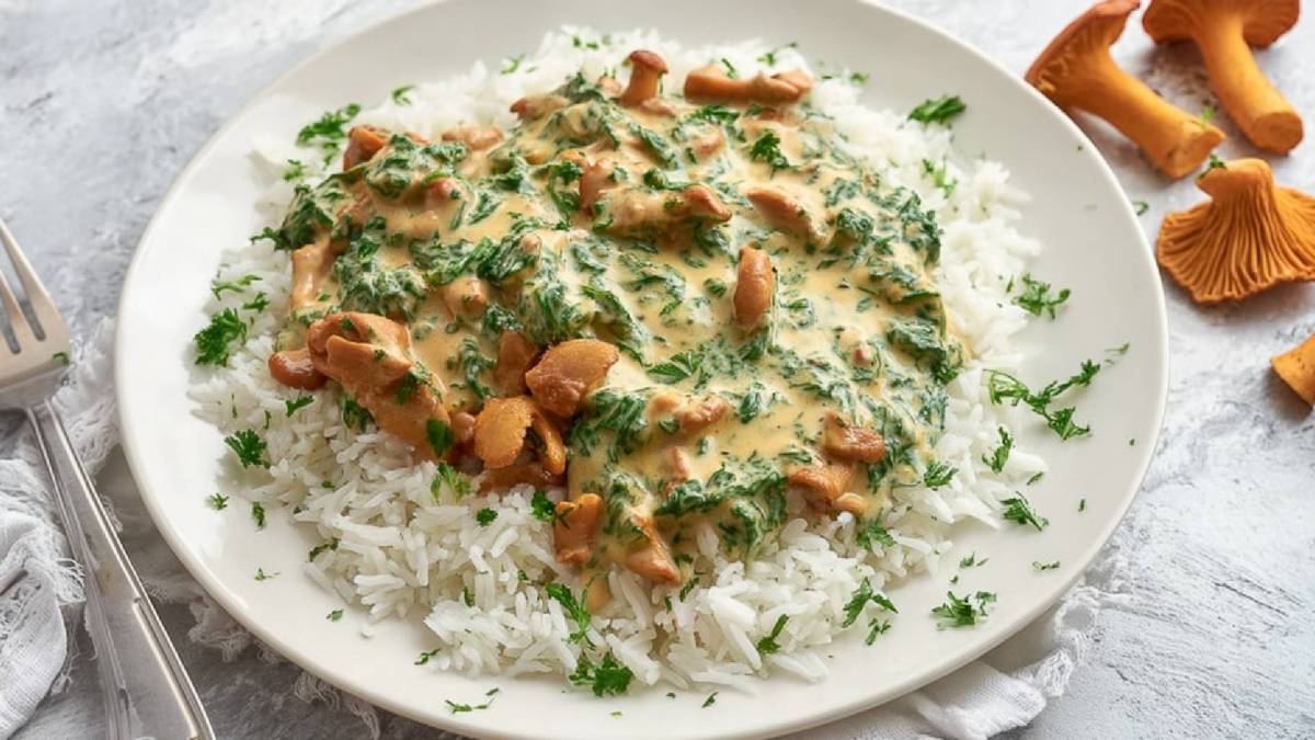 Ein Teller mit Reis mit Pfifferling-Spinatsoße