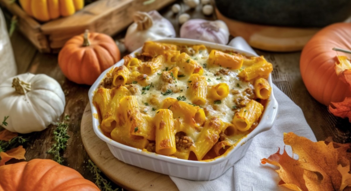 Rigatoni al Forno mit Kürbis in einer Auflaufform. Drumherum bunte Herbstdeko und -zutaten.