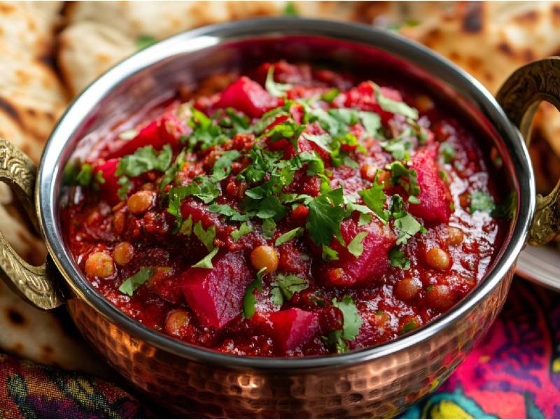 Schale mit Rote-Bete-Curry mit Linsen und indischem Brot dahinter