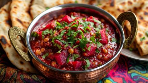 Schale mit Rote-Bete-Curry mit Linsen und indischem Brot dahinter