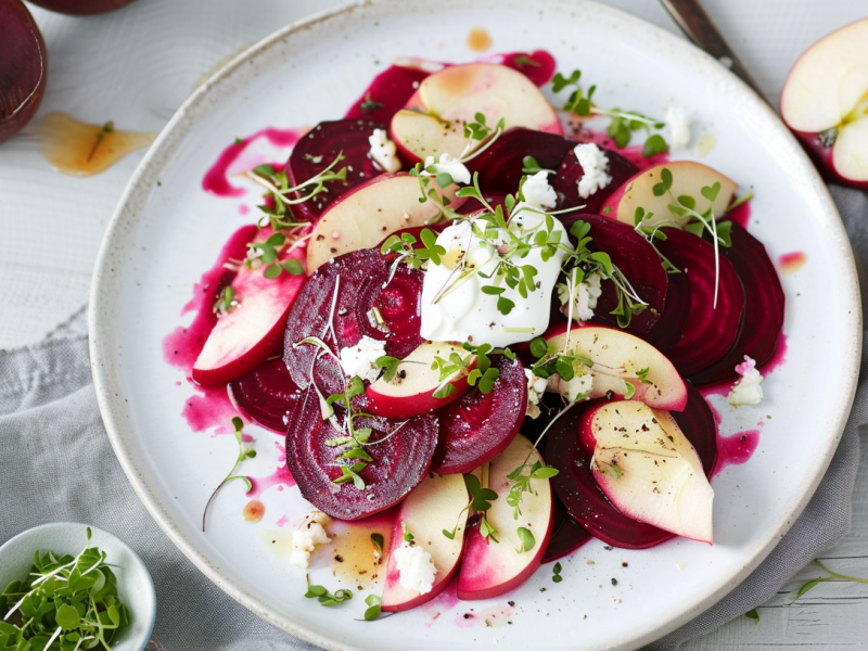 Ein Teller mit Rote-Bete-Salat mit Apfel und Meerrettichdressing.