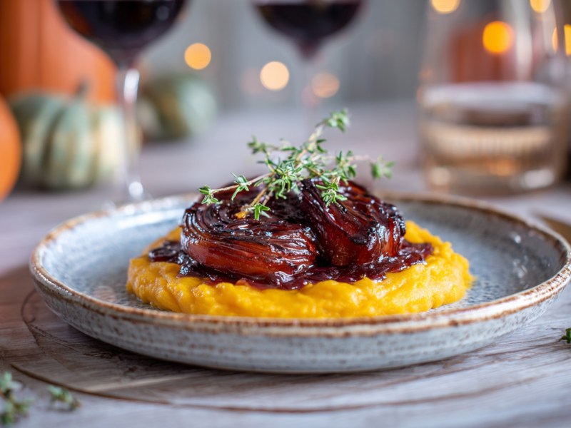 Ein Teller mit geschmorten Rotwein-Schalotten und Kürbispüree. Im Hintergrund kann man einige Dekokürbisse, Weingläser und eine Lichter erkennen.