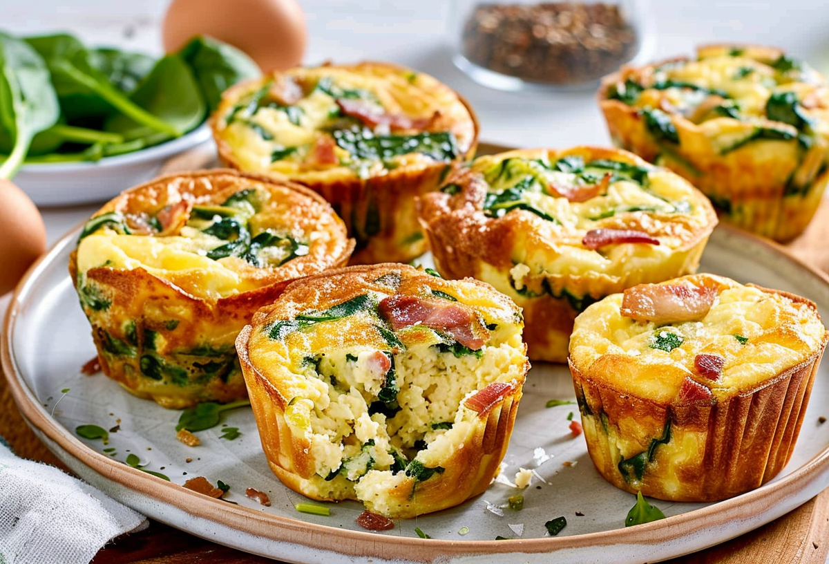 Mehrere Rührei-Muffins mit Spinat und Speck.