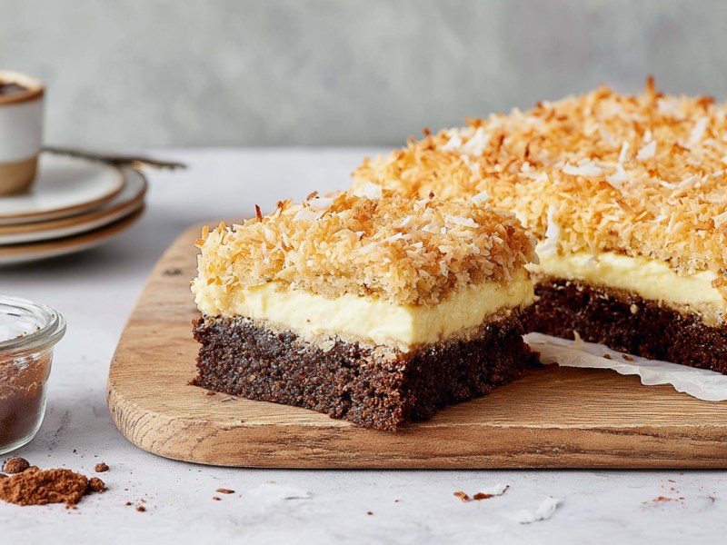Ein Stück Sägespänekuchen vom Blech, dass auf einem Holzbrett platziert ist. Der Rest des Kuchen liegt ebenfalls auf dem Brett. Außerdem ist links im Bild eine Glasschale mit Kakaopulver zusehen. Im Hintergrund kann man einen Kaffeebecher auf einer Untertasse erkennen.