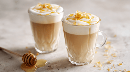 Zwei Gläser Salted Honey Latte auf einem hellen Untergrund. Auf dem Kaffee sind grobe Salzkörner zu sehen. Neben den Gläsern liegt ein Honiglöffel.