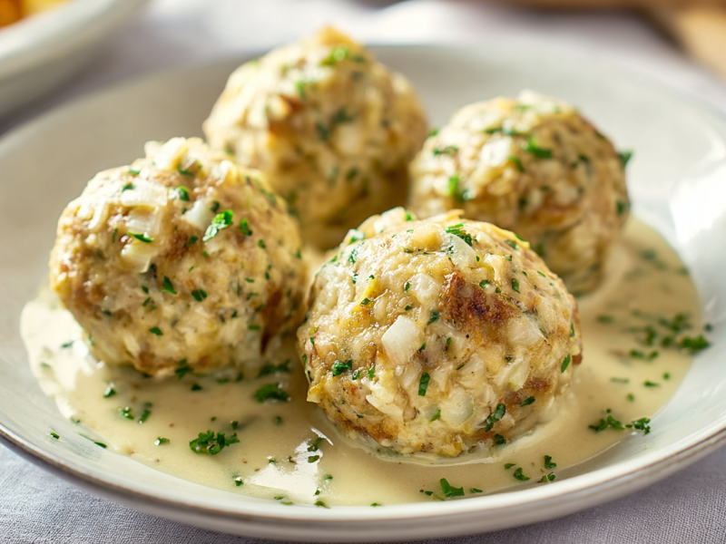 Vier Sauerkrautknödel in Sahnesoße auf einem Teller.