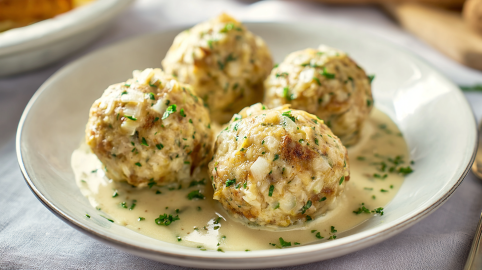 Vier Sauerkrautknödel in Sahnesoße auf einem Teller.