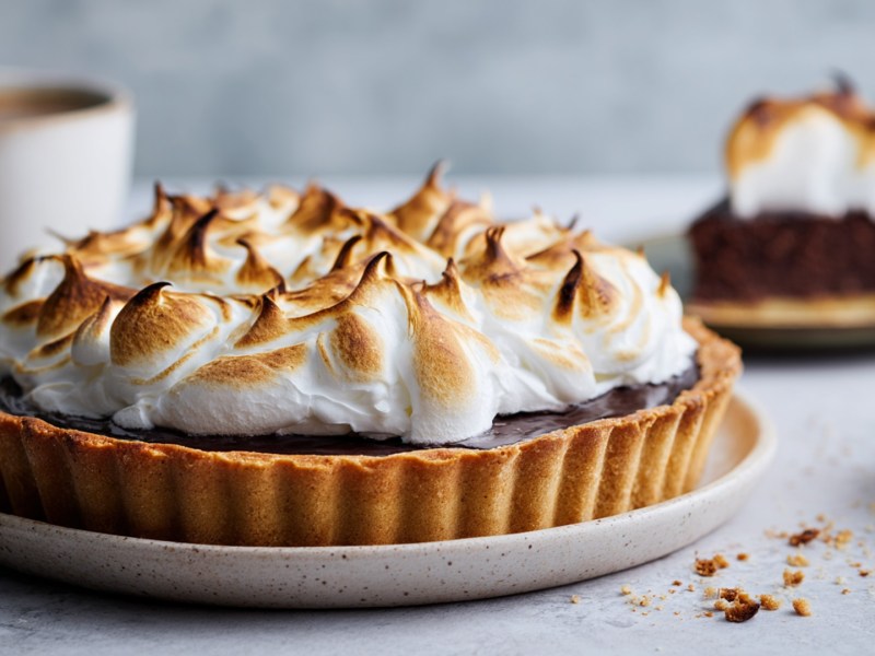 Eine Schoko-Baiser-Tarte, die auf einem Teller platziert ist. Im Hintergrund kann man ein Stück Tarte auf einem Teller sowie eine Tasse Kaffee sehen.