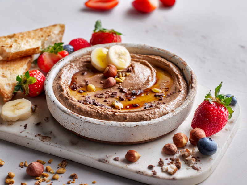 Eine Schale Schoko-Hummus auf einem weißen Brett. Der Hummus ist mit Bananenscheiben und Nüssen angerichtet. Um die Schale herum liegen Erdbeeren, Bananen, Blaubeeren sowie Toaststücke.