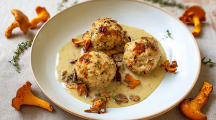 Ein Teller, auf dem Semmelknödel mit Pfifferlingen zu sehen sind.