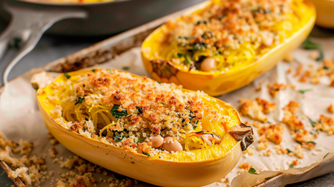 Spaghettikürbis mit Bohnen und Knusperhaube auf einem Backblech.