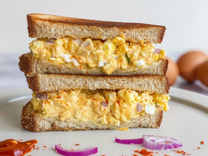 Ein Spiegeleiersalat-Sandwich, dessen beiden Hälften aufeinander gestapelt auf einem Teller liegen. Auf dem Teller ist ein Klecks Sriracha-Soße und liegen ein paar Zwiebeln. Im Hintergrund kann man Eier sehen.