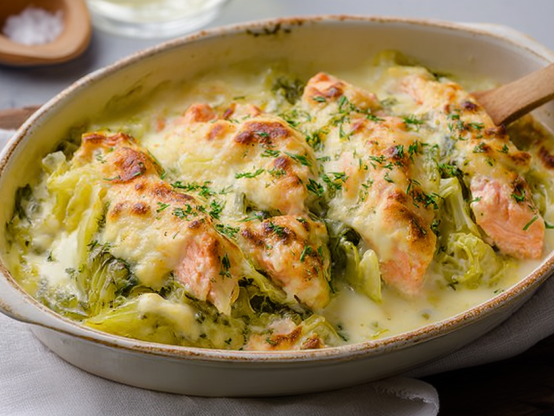 Spitzkohl-Lachs-Auflauf, serviert in einer ofenfesten Form.